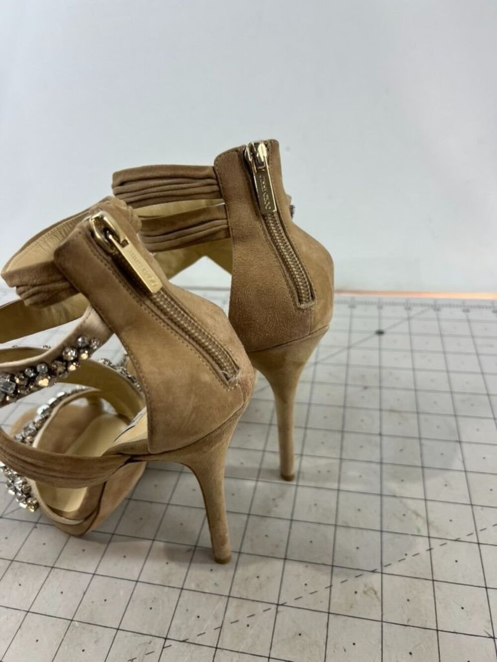 Jimmy Choo Beige Suede Crystal Embellished Strappy High Heels Zip Sz. 37.5 EU - Picture 4 of 11